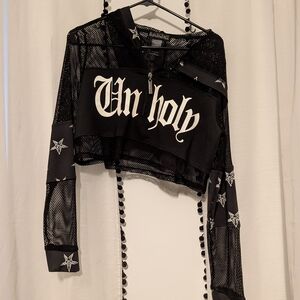 Black Mesh Cropped Hoodie -